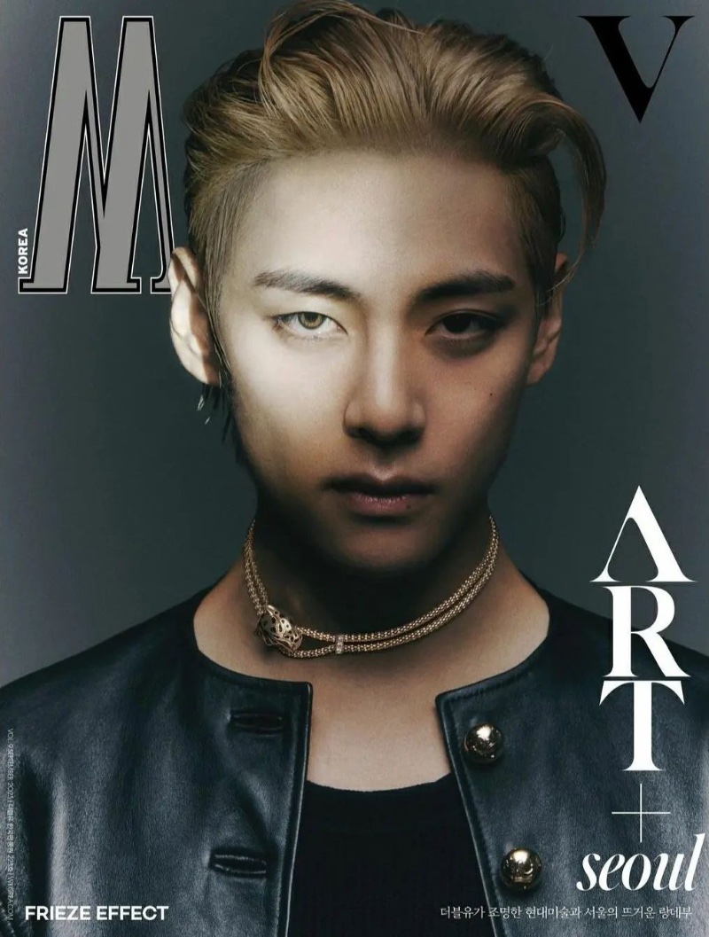 V wears a Panthère de Cartier necklace with a Celine leather jacket and sleeveless top by COS.