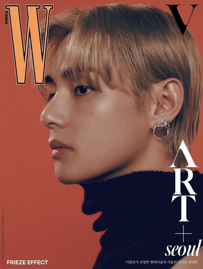 V wears a sleeveless MM6 knit with Cartier earrings for the cover of W Korea.