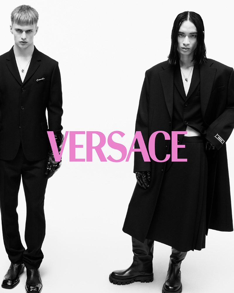 Mattias Akke and Donggyu Lee front Versace's fall-winter 2023 campaign. 