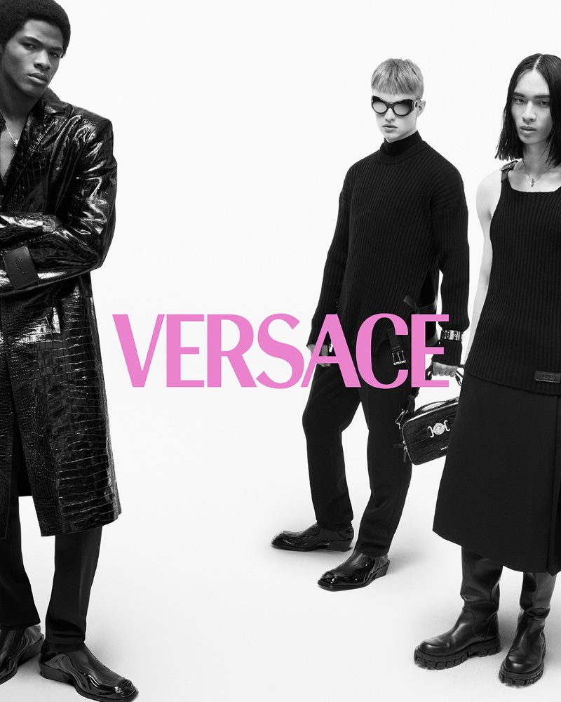 Wylber Flores Marte, Mattias Akke, and Donggyu Lee appear in Versace's fall-winter 2023 campaign.