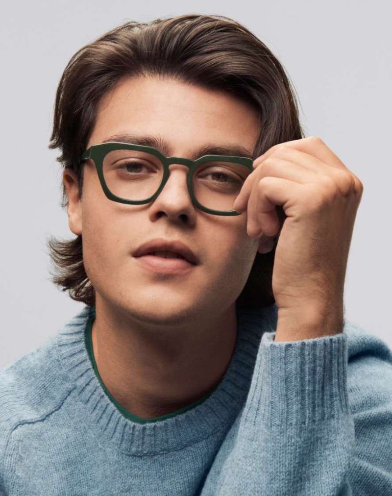 Australian actor Felix Mallard sports Warby Parker's Rufus glasses in Smoky Green.