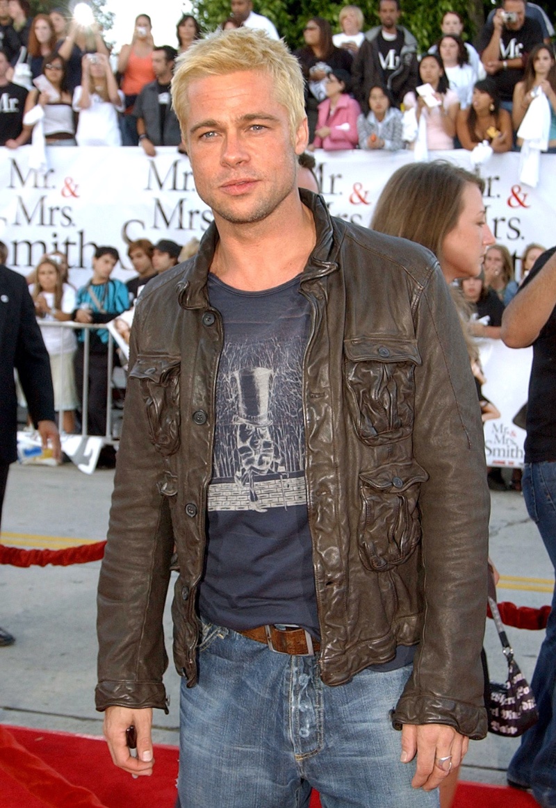 Brad Pitt Bleached Blonde Hair Leather Jacket Jeans 2005 » Brad Pitt’s Hairstyles: Iconic Cuts with Character Brad Pitt Bleached Blonde Hair Leather Jacket Jeans 2005