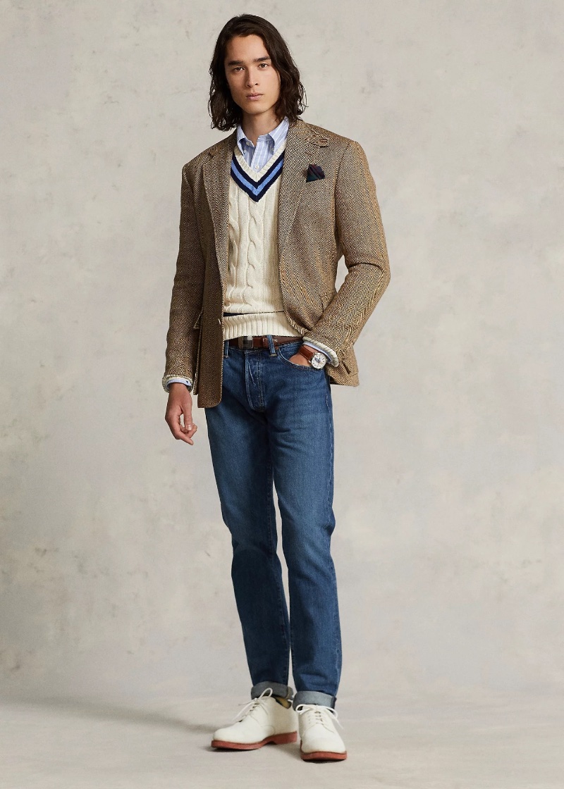 Business Casual Jeans Slim V-Neck Sweater Sports Coat Striped Dress Shirt Polo Ralph Lauren Men