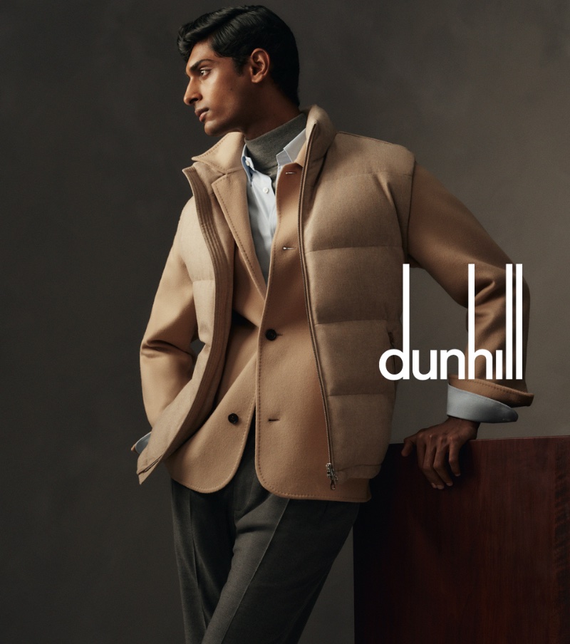 Pratik Shetty embraces camel tones as the star of Dunhill's fall-winter 2023 campaign.