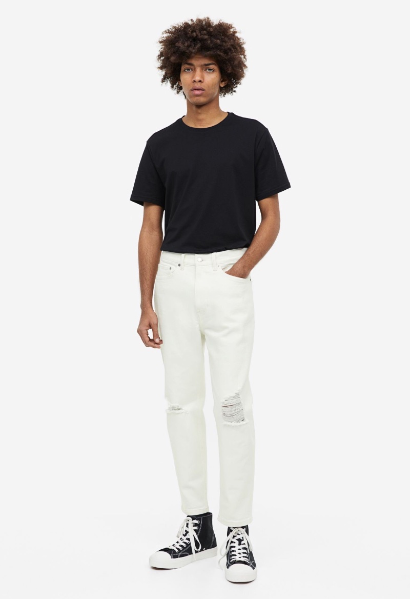 H&M Men White Tapered Regular Crop Jeans