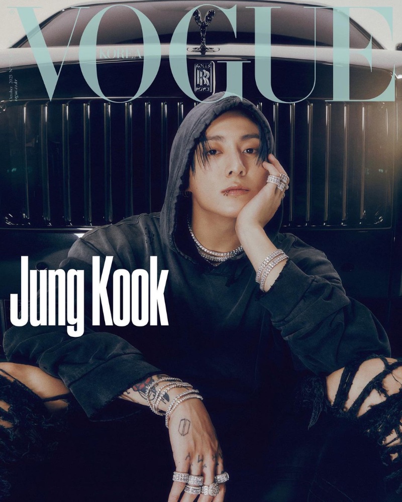 Jung Kook channels a modern hip-hop vibe in a hoodie for the October 2023 cover of Vogue Korea.
