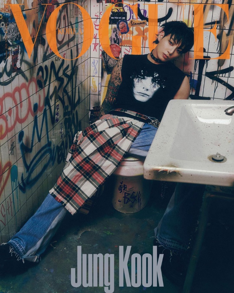 Channeling 70s punk, Jung Kook covers the October 2023 issue of Vogue Korea.