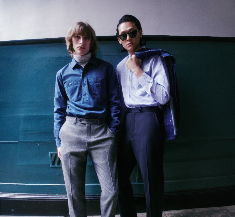 Dom Fellows and Sheldon wear smart looks from Mr P.'s fall-winter 2023 collection.