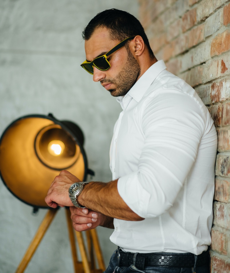 Muscular Man White Shirt Sunglasses Watch