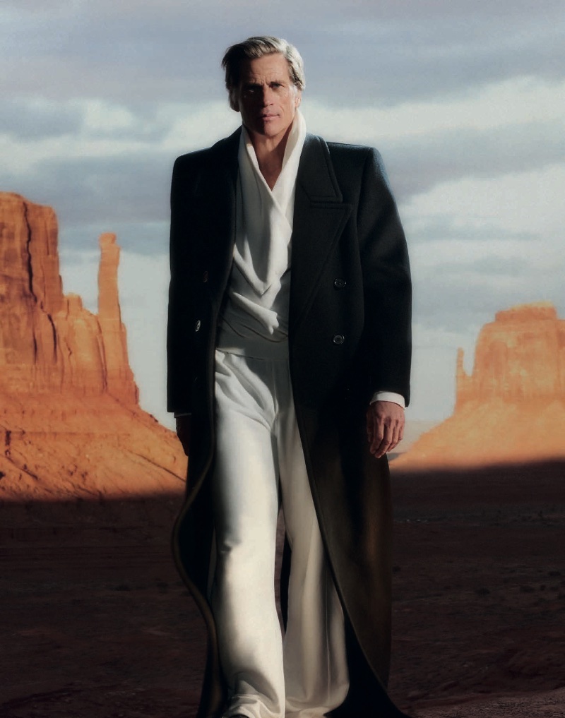 Embracing voluminous layers, Mark Vanderloo wears Saint Laurent for Neiman Marcus' fall 2023 campaign. 