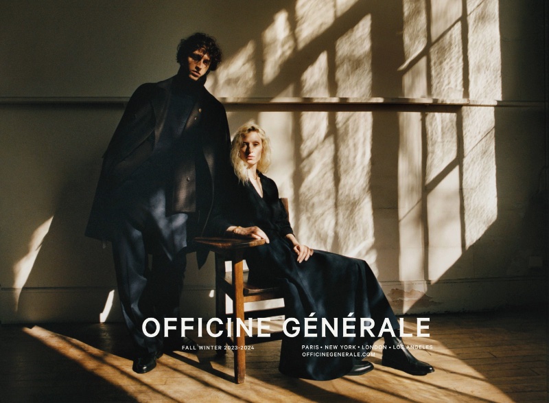 Models Niels Trispel and Maggie Maurer front Officine Générale's fall-winter 2023 campaign.