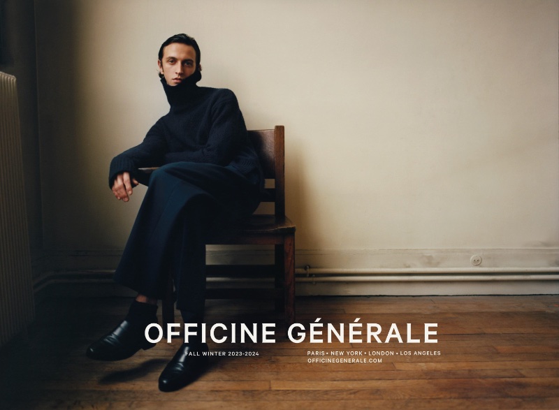 Niels Trispel wears a chic turtleneck sweater and wide-cut pants for Officine Générale's fall-winter 2023 campaign.