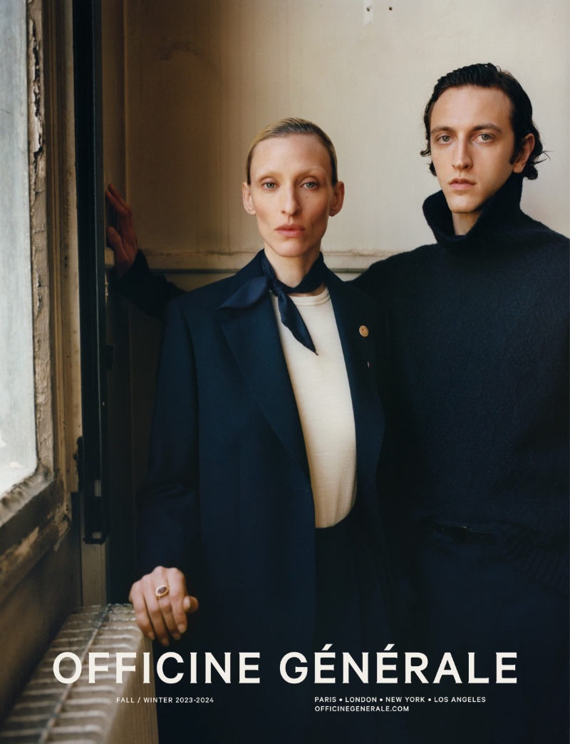 Officine Générale enlists models Maggie Maurer and Niels Trispel as the stars of its fall-winter 2023 campaign. 
