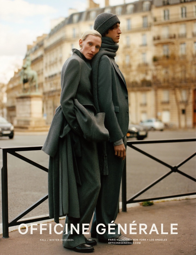 Maggie Maurer poses with Niels Trispel for Officine Générale's fall-winter 2023 campaign. » Officine Générale Fall 2023 Campaign: Evoking Artistry Maggie Maurer poses with Niels Trispel for Officine Générale's fall-winter 2023 campaign.