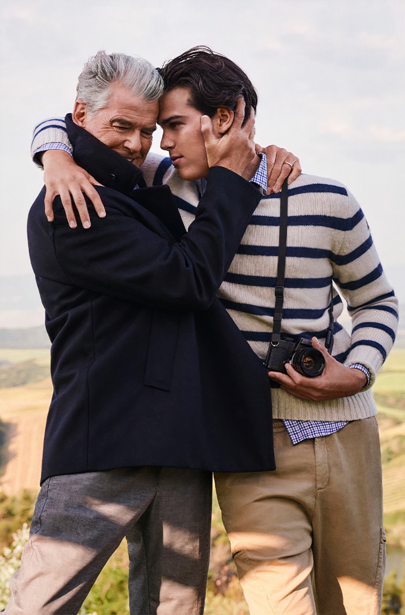 Embracing, father and son, Pierce and Paris Brosnan front Paul & Shark's fall-winter 2023 campaign. 