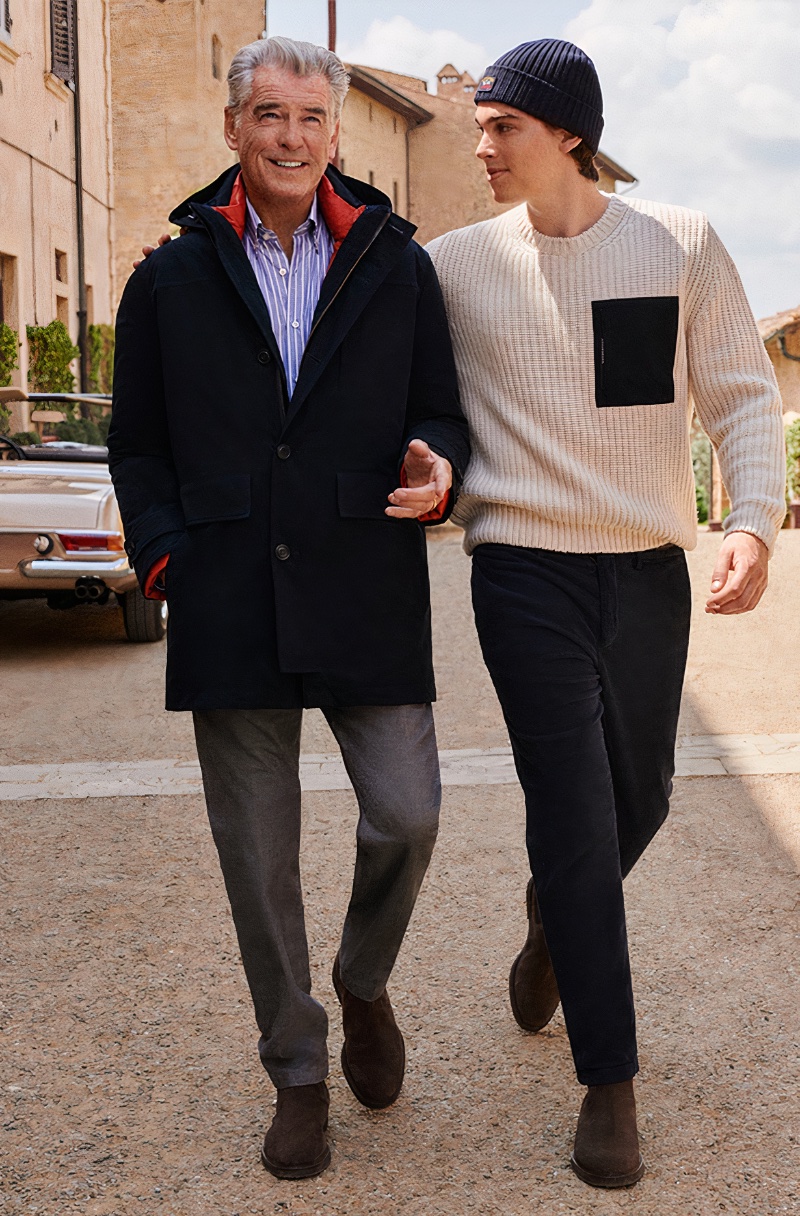 Enjoying a walk, Pierce and Paris Brosnan are the faces of Paul & Shark's fall-winter 2023 ad campaign. 