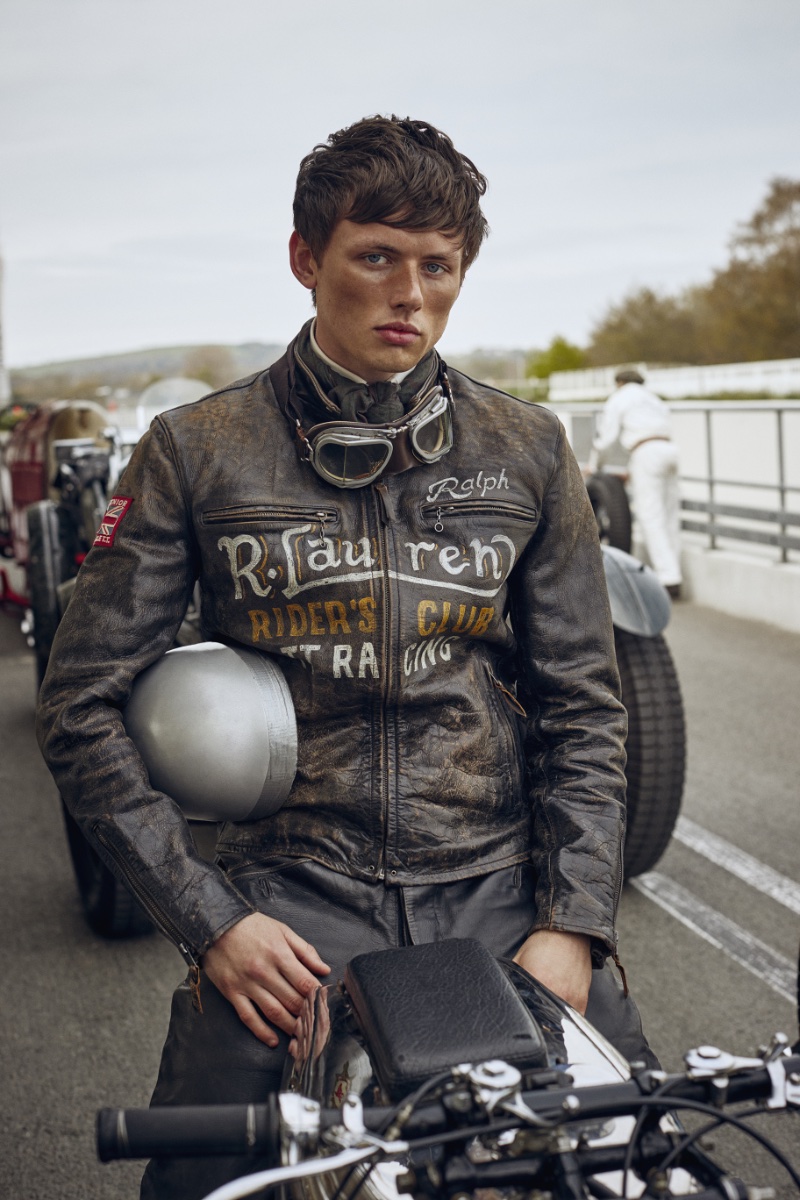 Tristan Paine sports a distressed leather jacket for the Polo Originals fall-winter 2023 campaign. 