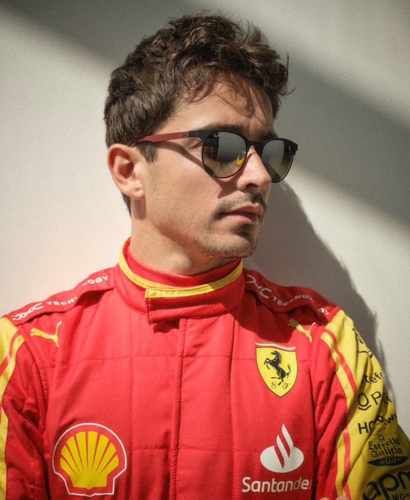 Reuniting with Ray-Ban, Charles Leclerc showcases the brand's new Scuderia Ferrari Monza sunglasses. 