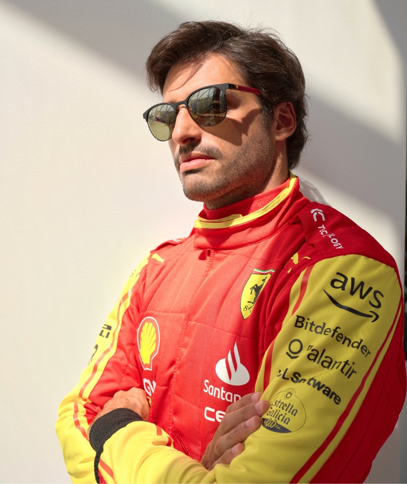 Carlos Sainz Jr. sports Ray-Ban x Scuderia Ferrari Monza sunglasses. 