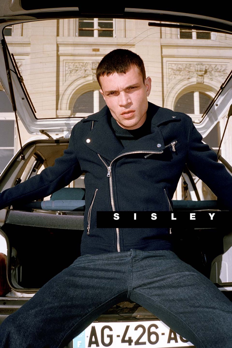 Luka Isaac wears a biker jacket and jeans for Sisley's fall-winter 2023 campaign.