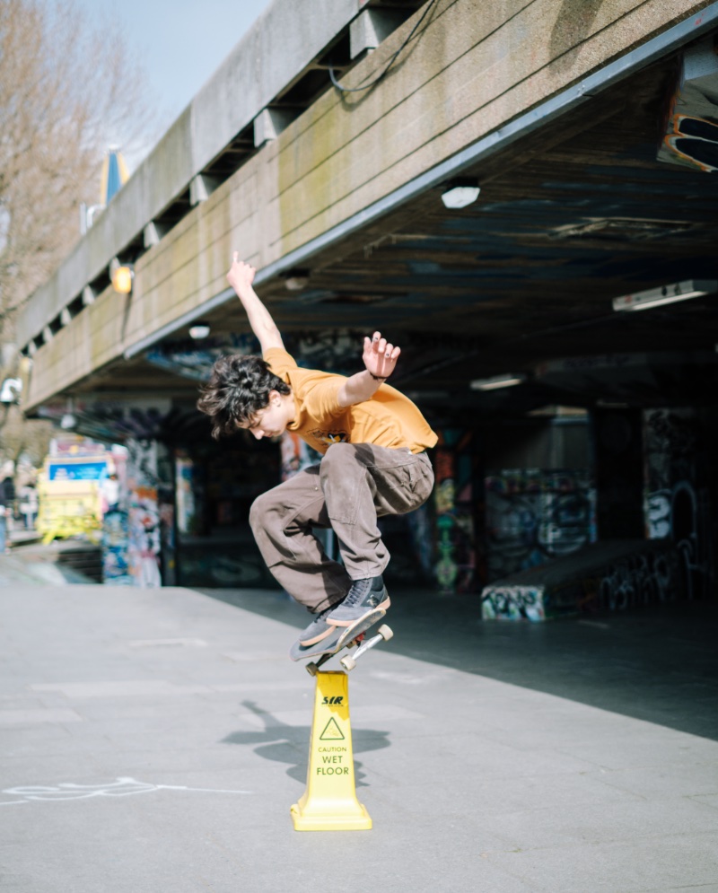A skater performs a cone trick at Southbank Skate Space, Belvedere Road, London.