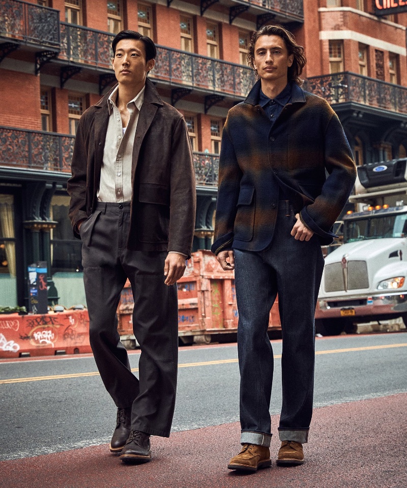 Todd Snyder showcases its latest fall menswear with help from models Juhyung Kang and James Turlington. Pictured left, Juhyung Kang wears a Todd Snyder Italian leather walking jacket, relaxed pleated welder pants, and a Hamilton + Todd Snyder shirt. 
