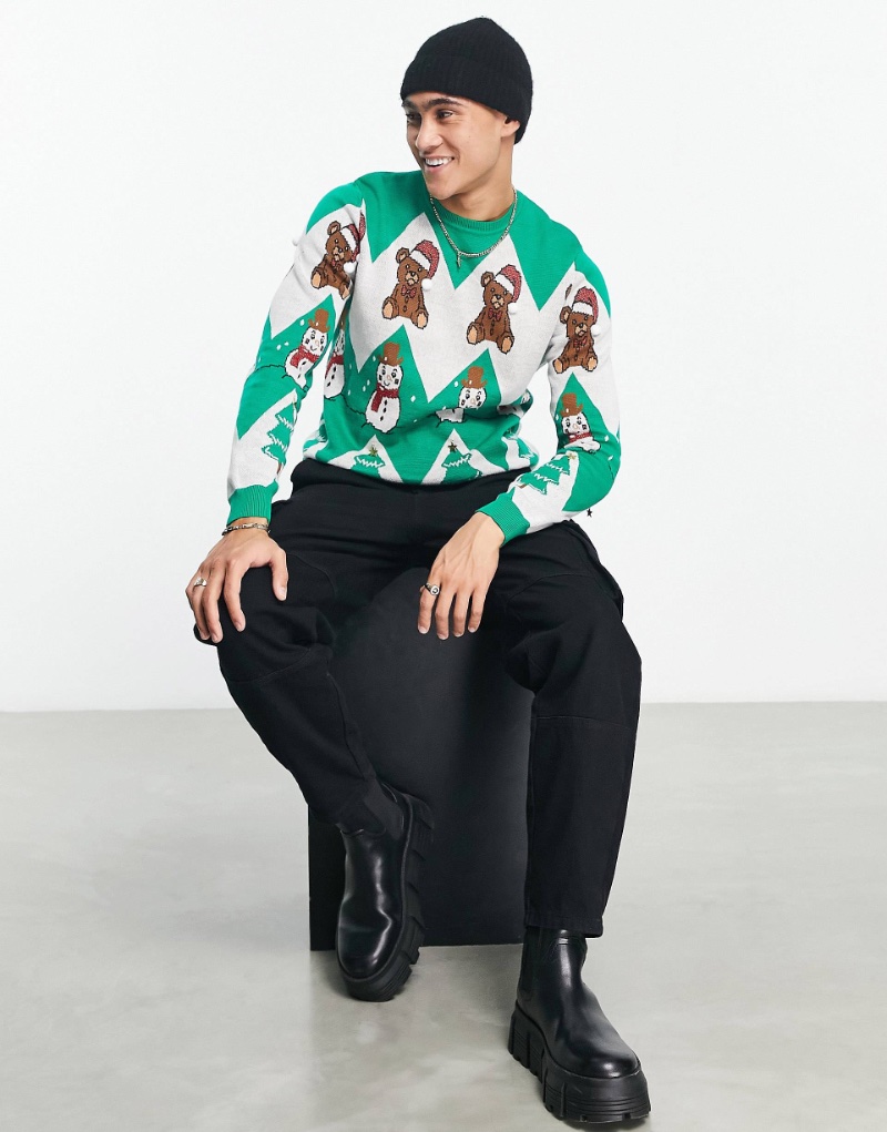 ASOS Design Fluffy Knit Christmas Sweater Teddy Snowman Men