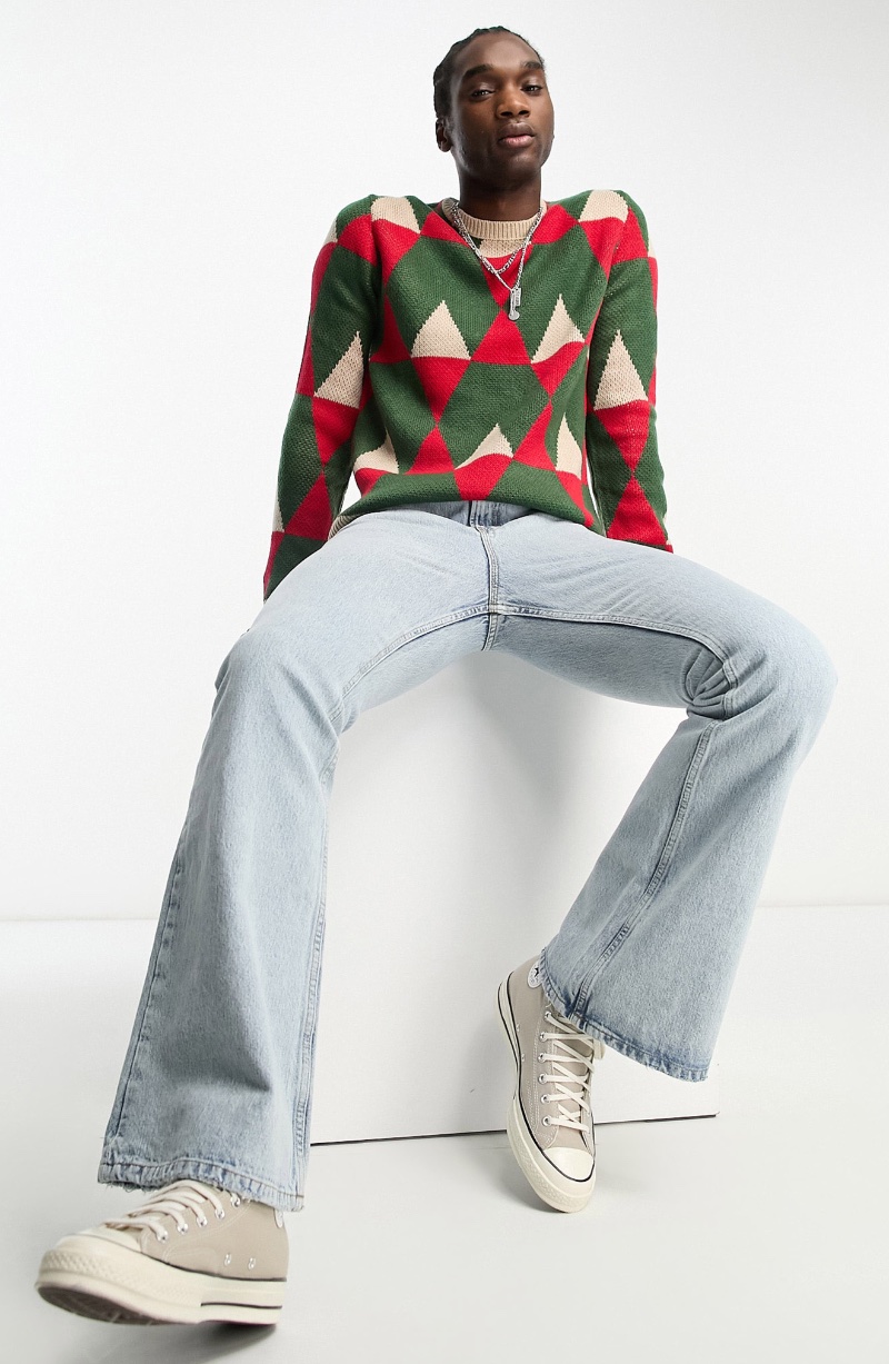 ASOS Design Geo Pattern Sweater Red Green Men