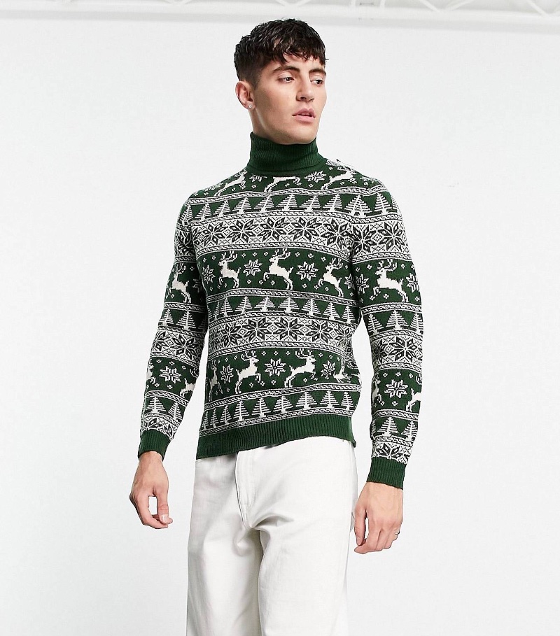 ASOS Design Knitted Christmas Sweater Fair Isle Stag Green Men