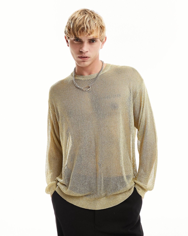 ASOS Design Knitted Metallic Mesh Gold Sweater Men
