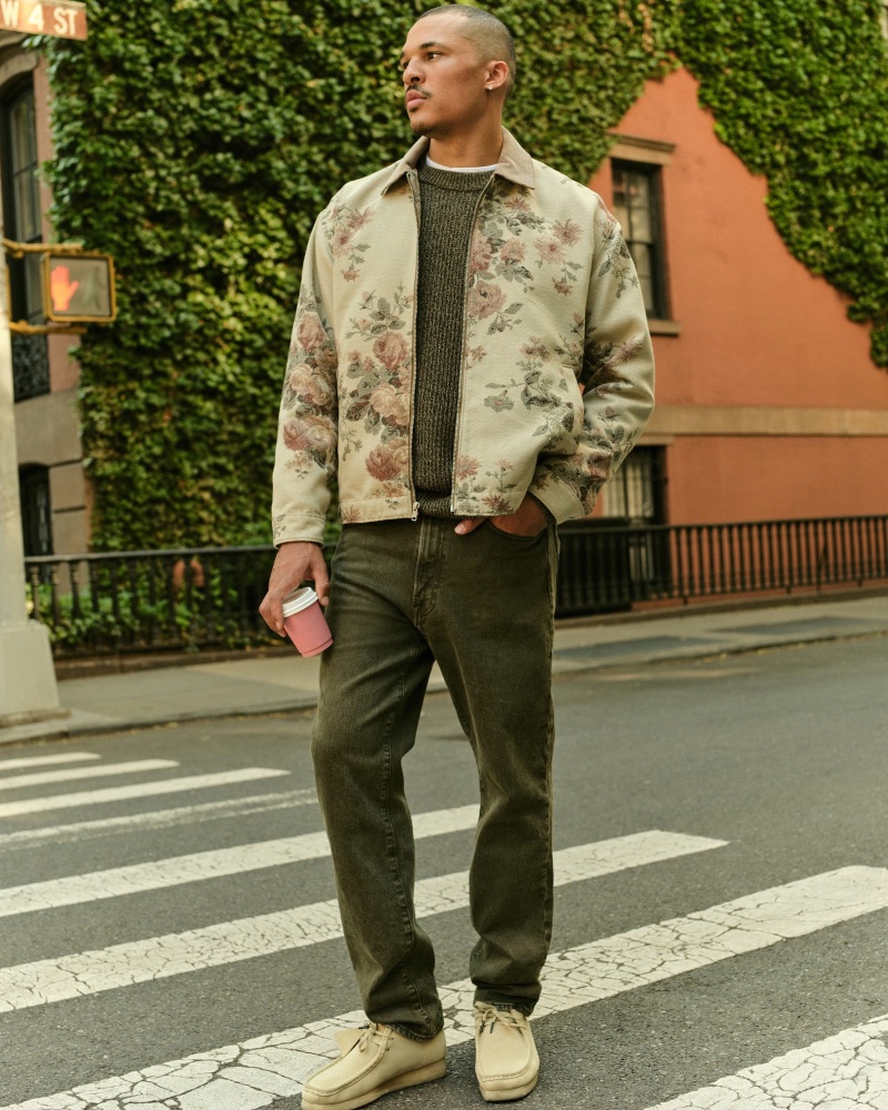 Khalil Ghani wears a jacquard jacket with Abercrombie & Fitch's 90s Straight jean.