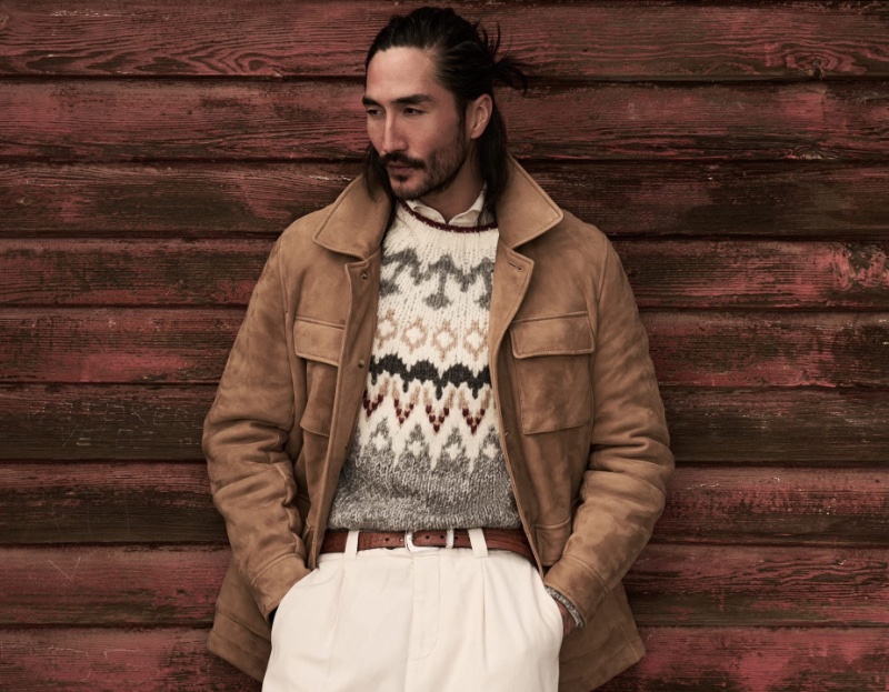Tony Thornburg wears a Brunello Cucinelli suede field jacket with the brand's OPERA sweater and Gabardine garment dyed trousers. » Brunello Cucinelli Presents a Nordic Winterland Tony Thornburg wears a Brunello Cucinelli suede field jacket with the brand's OPERA sweater and Gabardine garment dyed trousers.