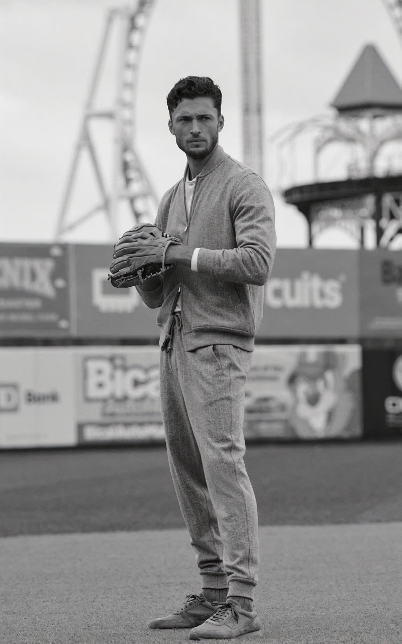 Harvey Haydon hits the diamond with Brunello Cucinelli in the brand's cashmere and cotton  zippered sweatshirt and French terry trousers.