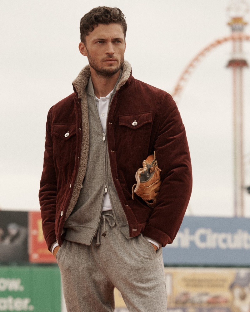 Model Harvey Haydon rocks a Brunello Cucinelli cotton and cashmere corduroy four-pocket jacket with shearling lining.