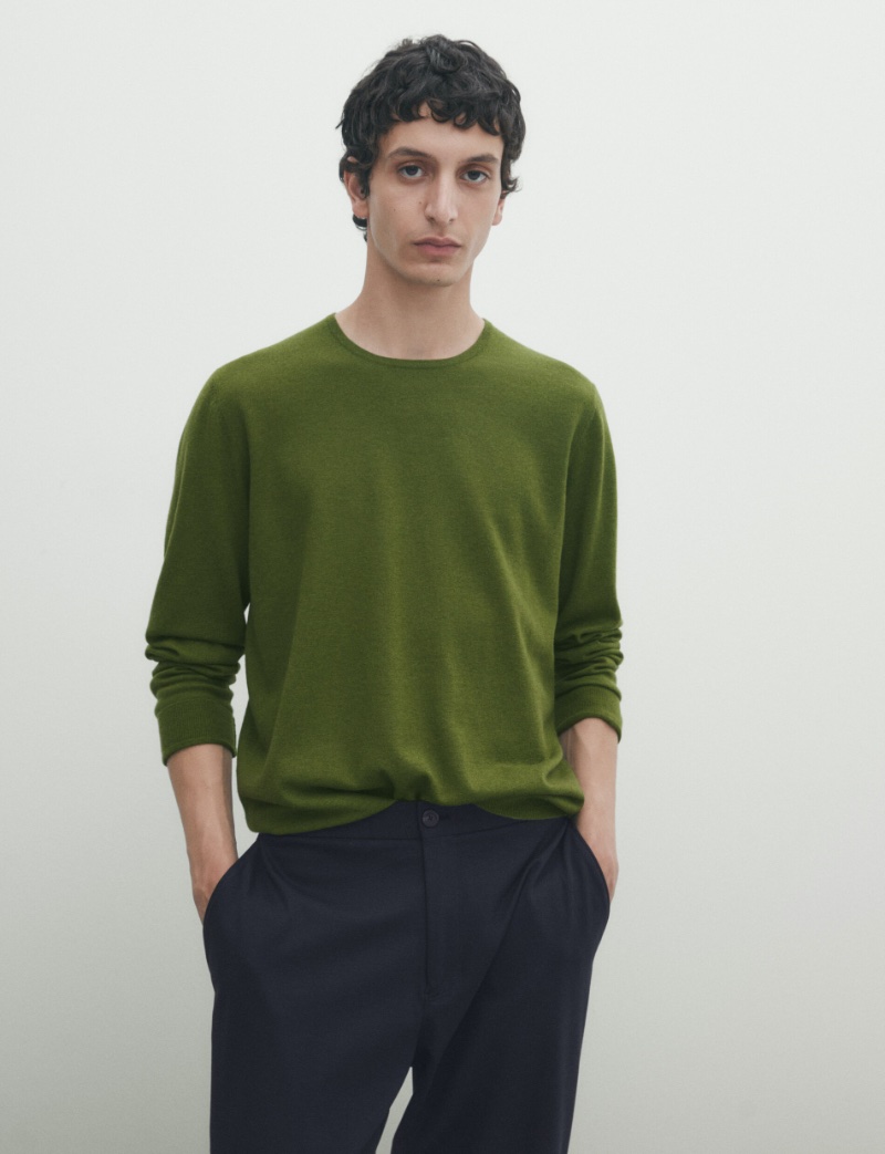 Cashmere Wool Blend Sweater Men Massimo Dutti Olive Green