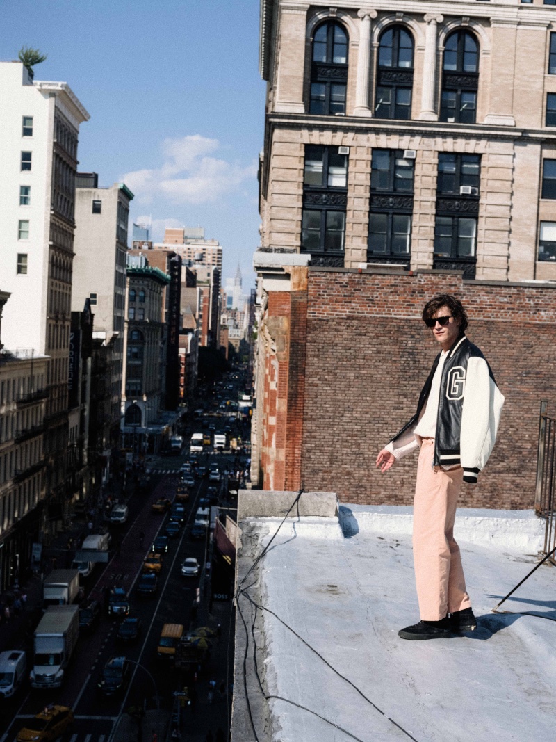Taking to a New York rooftop, Liam Kelly dons a leather varsity jacket for the GANT 240 Mulberry Street collection campaign. 