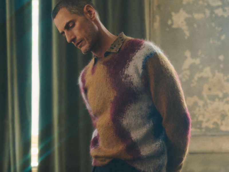 Axel Hermann dons John Varvatos' wool and mohair Rolante sweater.