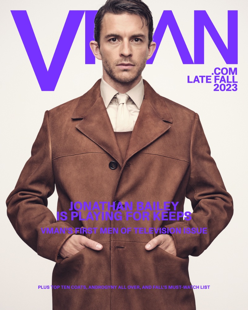 Jonathan Bailey covers the first digital issue of VMAN in a Prada look. 