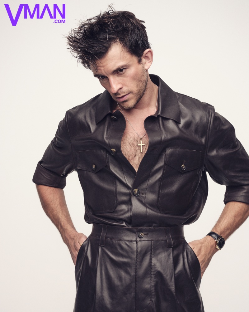 Making a leather statement in Tod's, Jonathan Bailey connects with VMAN magazine.