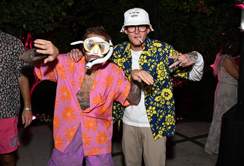 Justin Bieber and Presley Gerber share a fun moment at the Casamigos Halloween party.