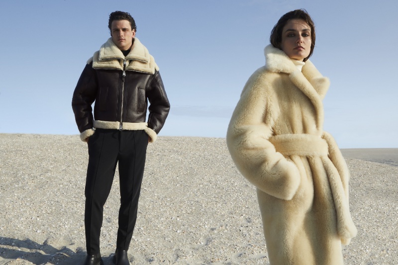 Models Simon Nessman and Andrea Diaconu star in Mackage's fall-winter 2023 campaign. 