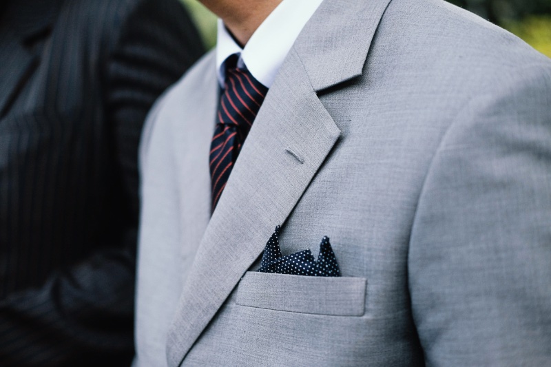 Man Pocket Square Tie Light Grey Suit Closeup