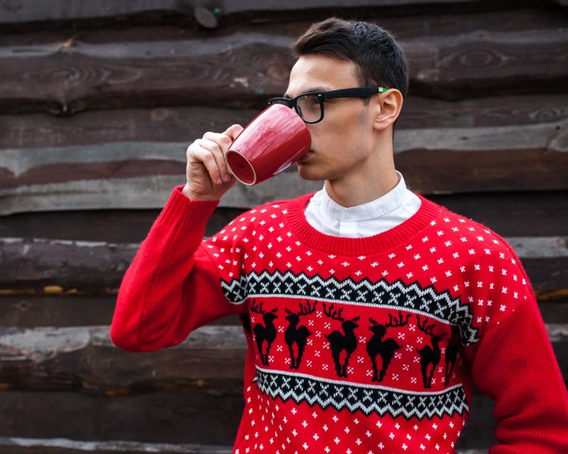 Man Red Reindeer Christmas Sweater Cup Outside