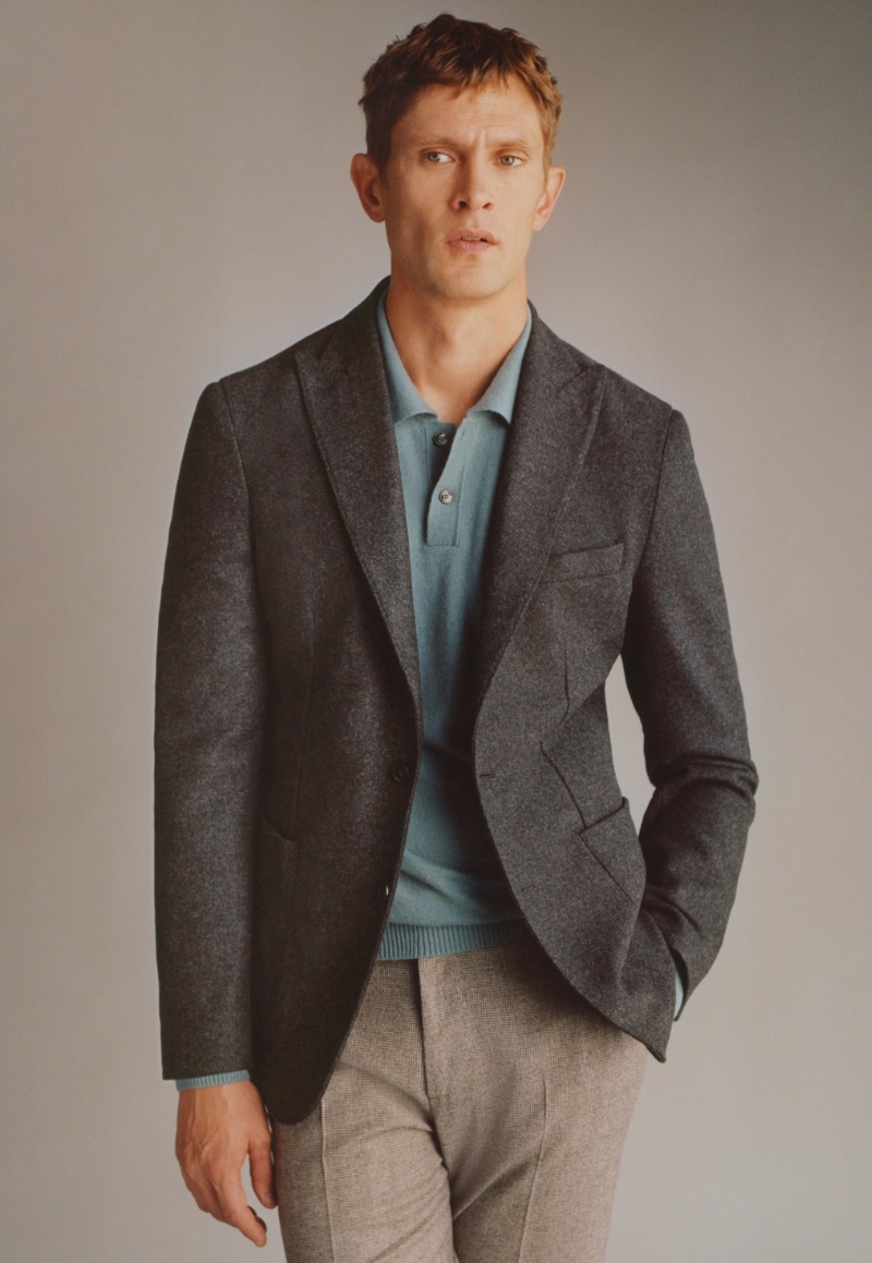 A smart vision, Mathias Lauridsen wears a Mango designed by Boglioli virgin wool combined blazer.
