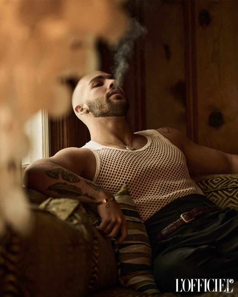 Colombian singer Manuel Turizo wears a mesh tank for L'Officiel Argentina.