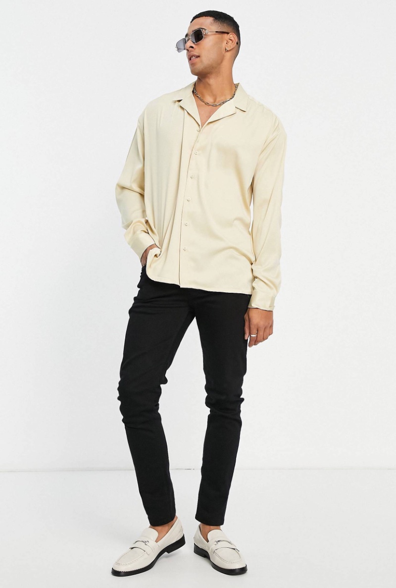 New Look Oversized Long Sleeve Satin Shirt Champagne ASOS Men » Men's New Year's Eve Outfits: Master Modern NYE Style New Look Oversized Long Sleeve Satin Shirt Champagne ASOS Men