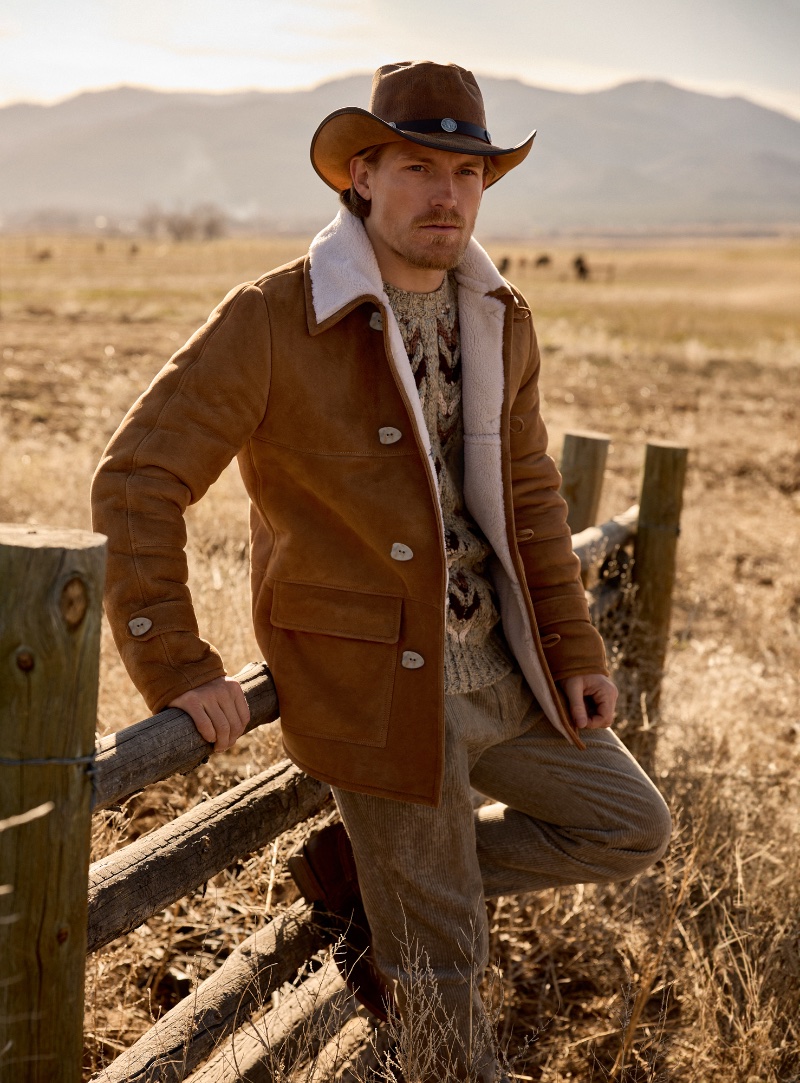 Harry Goodwins takes the spotlight in Overland Sheepskin Co.'s Rancher Shearling Sheepskin Coat.
