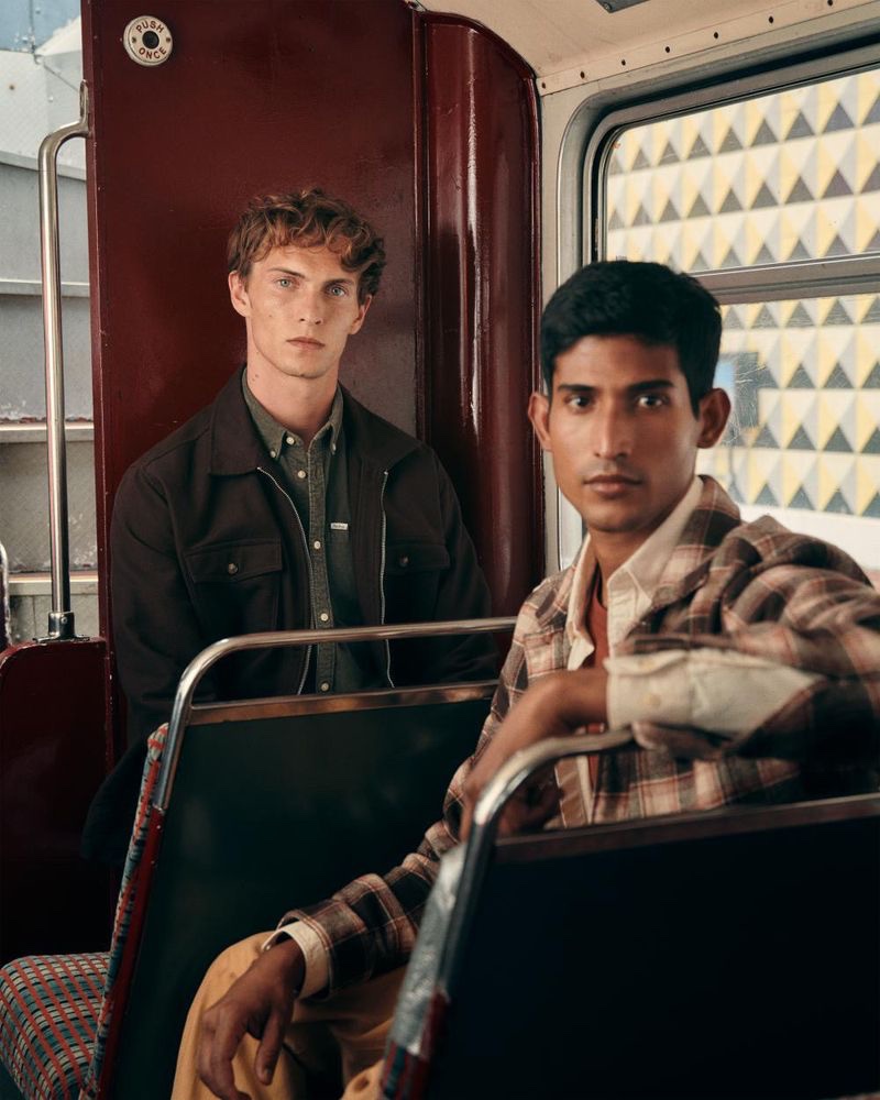Models Luc Defont-Saviard and Pranav Bhargav appear in Pepe Jeans' fall-winter 2023 campaign.