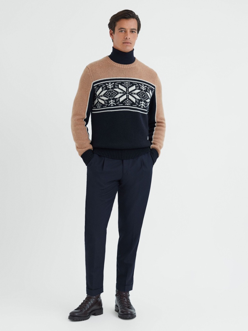 REISS Knit Colorblock Fair Isle Sweater Navy Camel