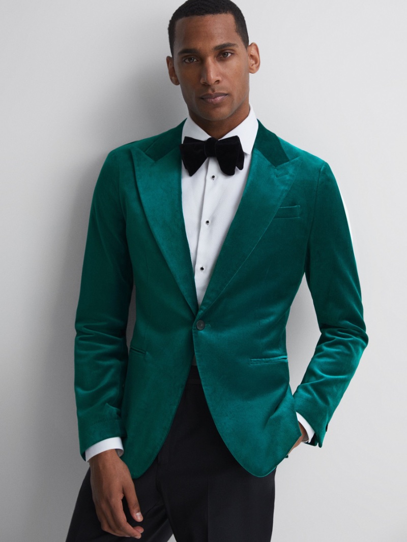 REISS Turquoise Slim-fit Velvet Single-breasted Blazer Men